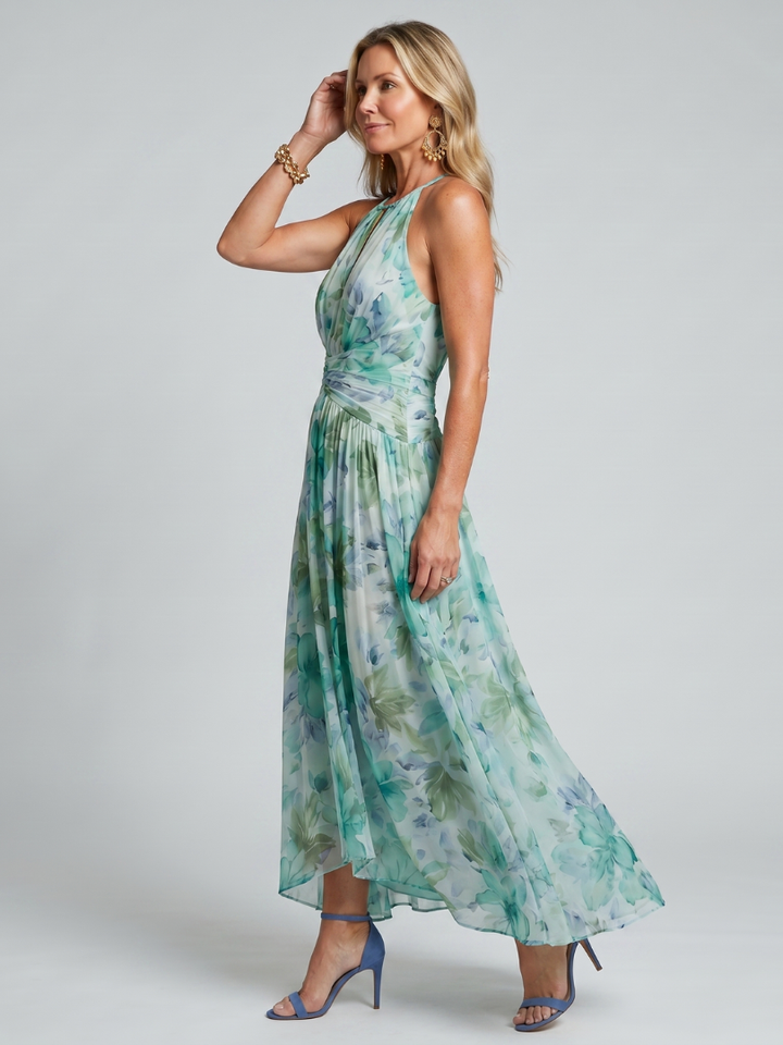 Portia | Abito Midi Plissettato Halter con Fantasia Floreale Morbida