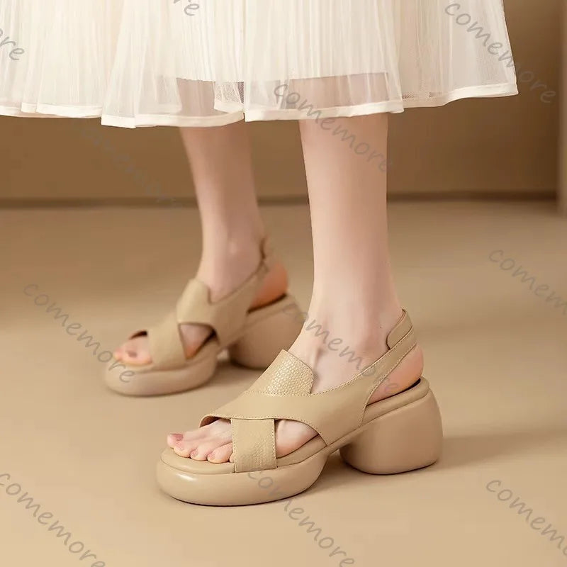 Comemore Roman Sandals Women Summer Thick Bottom Shoe Soft Leather Peep Toe Chunky Heeled Female Sandales Casual Shoes for Women