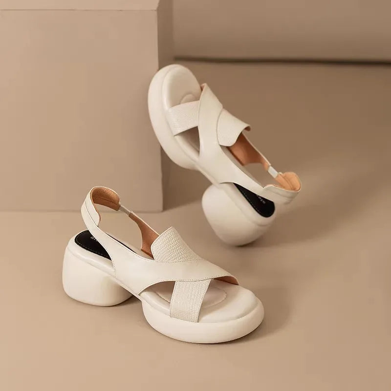 Comemore Roman Sandals Women Summer Thick Bottom Shoe Soft Leather Peep Toe Chunky Heeled Female Sandales Casual Shoes for Women