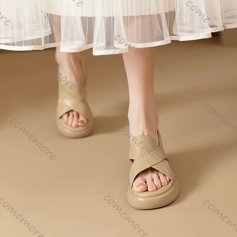 Comemore Roman Sandals Women Summer Thick Bottom Shoe Soft Leather Peep Toe Chunky Heeled Female Sandales Casual Shoes for Women