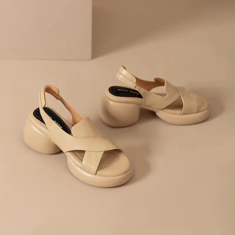 Comemore Roman Sandals Women Summer Thick Bottom Shoe Soft Leather Peep Toe Chunky Heeled Female Sandales Casual Shoes for Women
