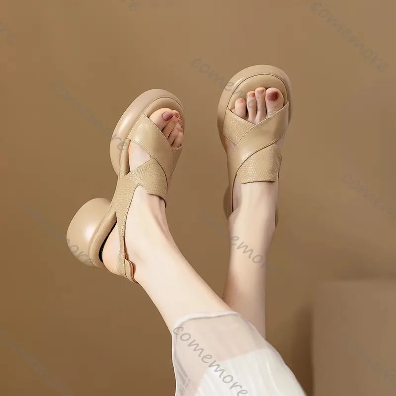 Comemore Roman Sandals Women Summer Thick Bottom Shoe Soft Leather Peep Toe Chunky Heeled Female Sandales Casual Shoes for Women