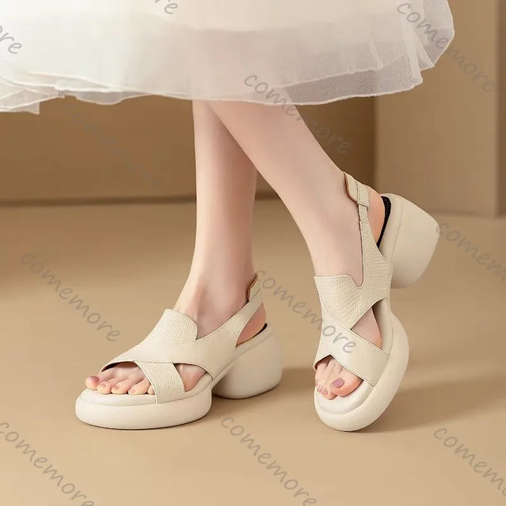 Comemore Roman Sandals Women Summer Thick Bottom Shoe Soft Leather Peep Toe Chunky Heeled Female Sandales Casual Shoes for Women