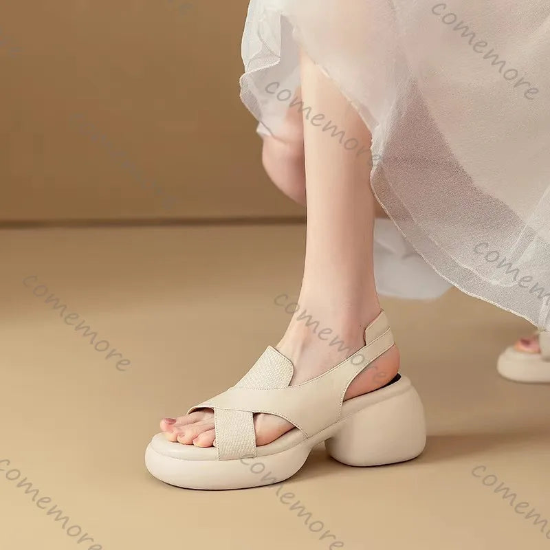Comemore Roman Sandals Women Summer Thick Bottom Shoe Soft Leather Peep Toe Chunky Heeled Female Sandales Casual Shoes for Women